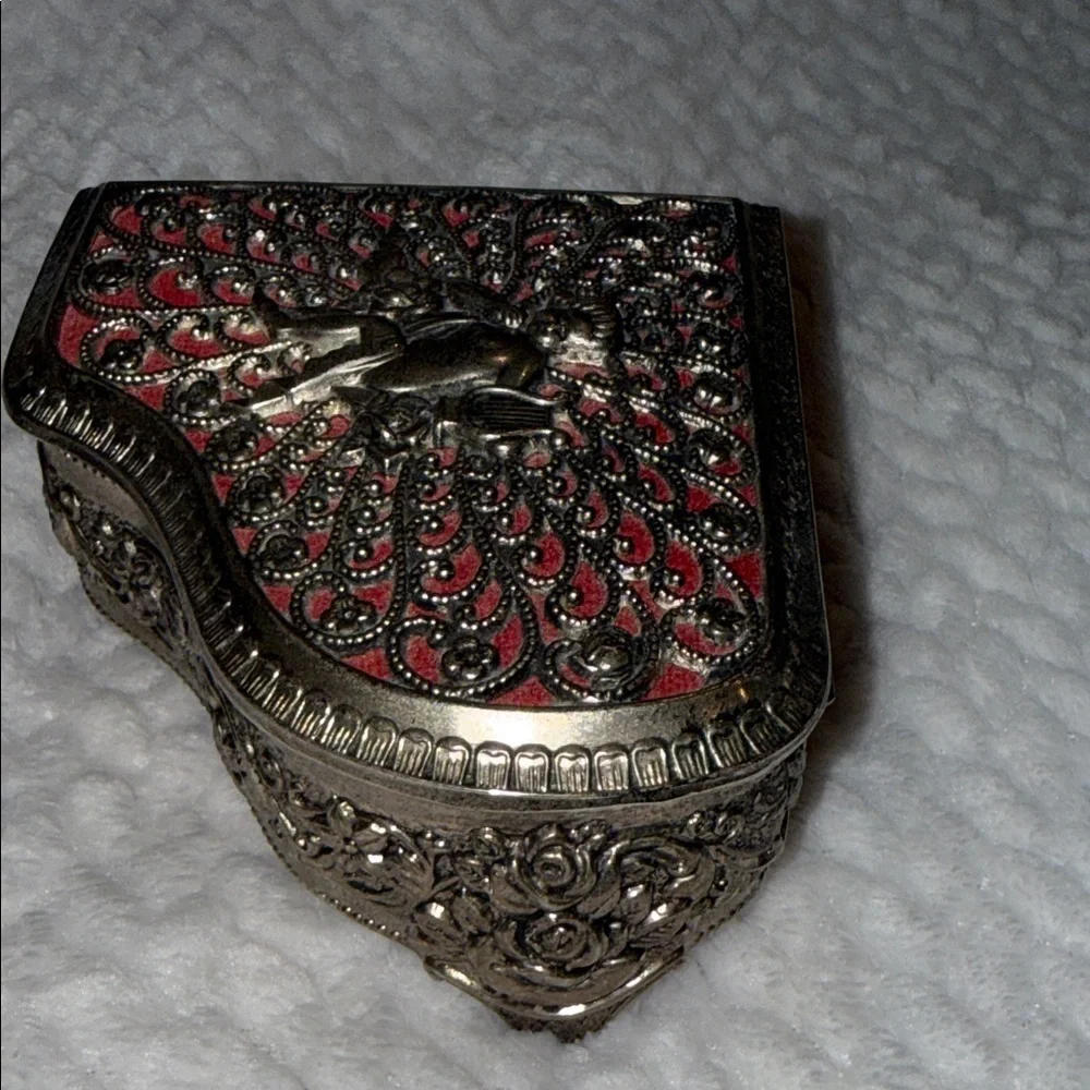 Vintage 1960s Sanko Cherub Music Box Ornate Silver-Tone Box Red Velvet Lining